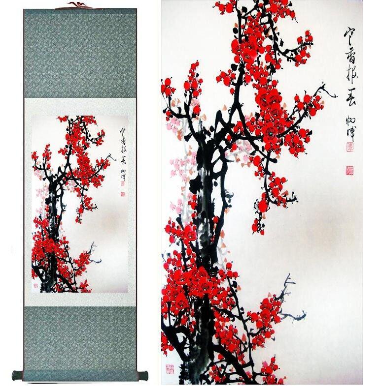 Chinese Art Scroll Painting Plum Blossom Flower Ancient Silk Picture Wall Ideas 11126-Chinese Style Finds™