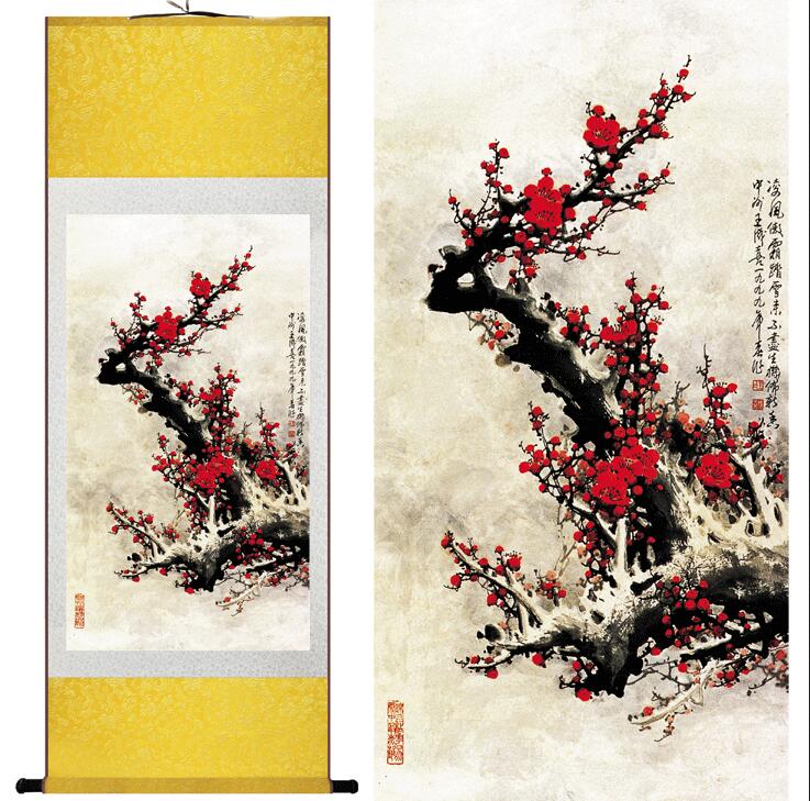 Chinese Art Scroll Painting Plum Blossom Flower Ancient Silk Picture Wall Ideas 11902-Chinese Style Finds™