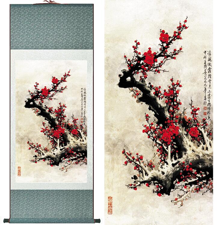 Chinese Art Scroll Painting Plum Blossom Flower Ancient Silk Picture Wall Ideas 11902-Chinese Style Finds™