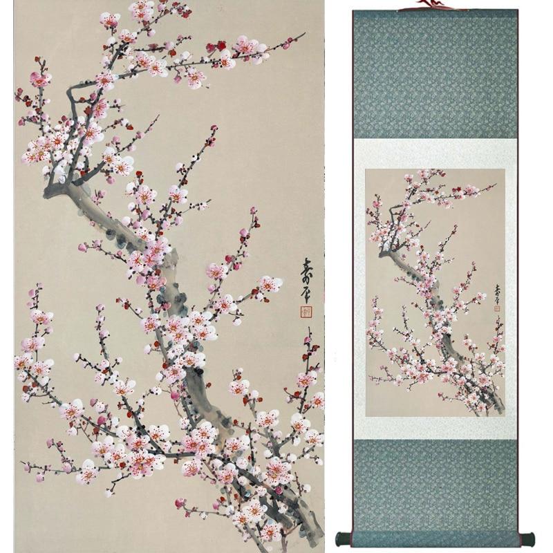 Chinese Art Scroll Painting Plum Blossom Flower Ancient Silk Picture Wall Ideas 16654-Chinese Style Finds™