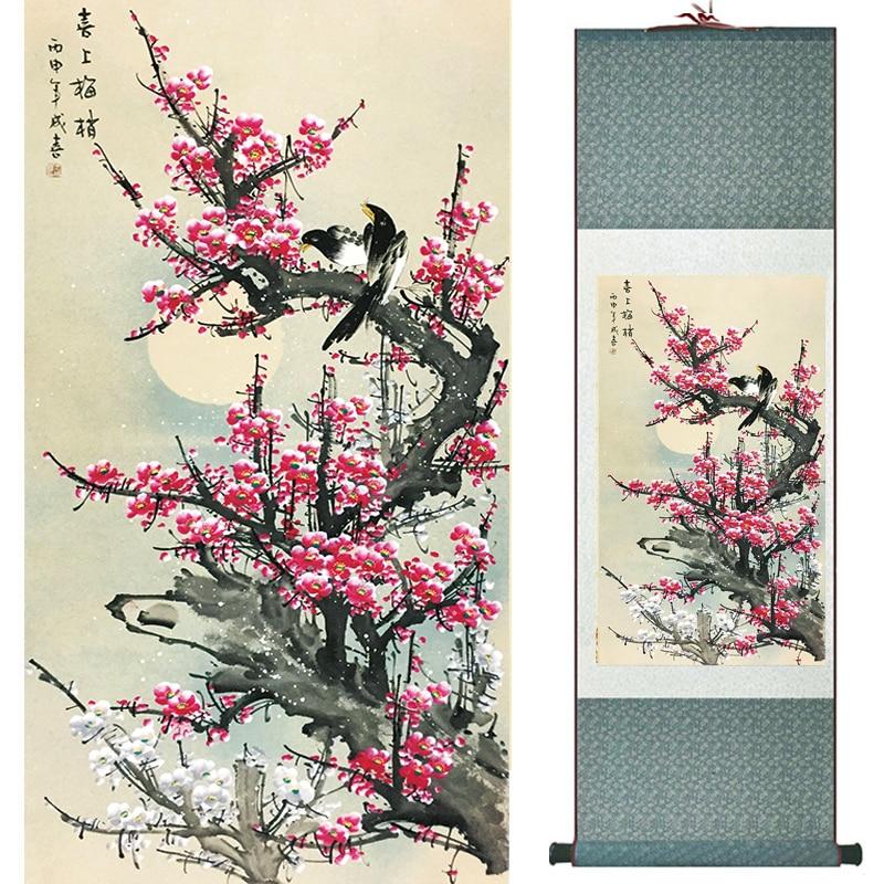 Chinese Art Scroll Painting Plum Blossom Flower Ancient Silk Picture Wall Ideas 18596-Chinese Style Finds™