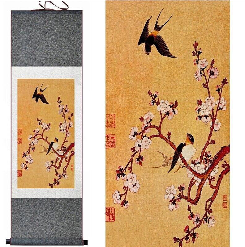 Chinese Art Scroll Painting Plum Blossom Flower Animal Birds Ancient Silk Picture Wall Ideas 10582-Chinese Style Finds™