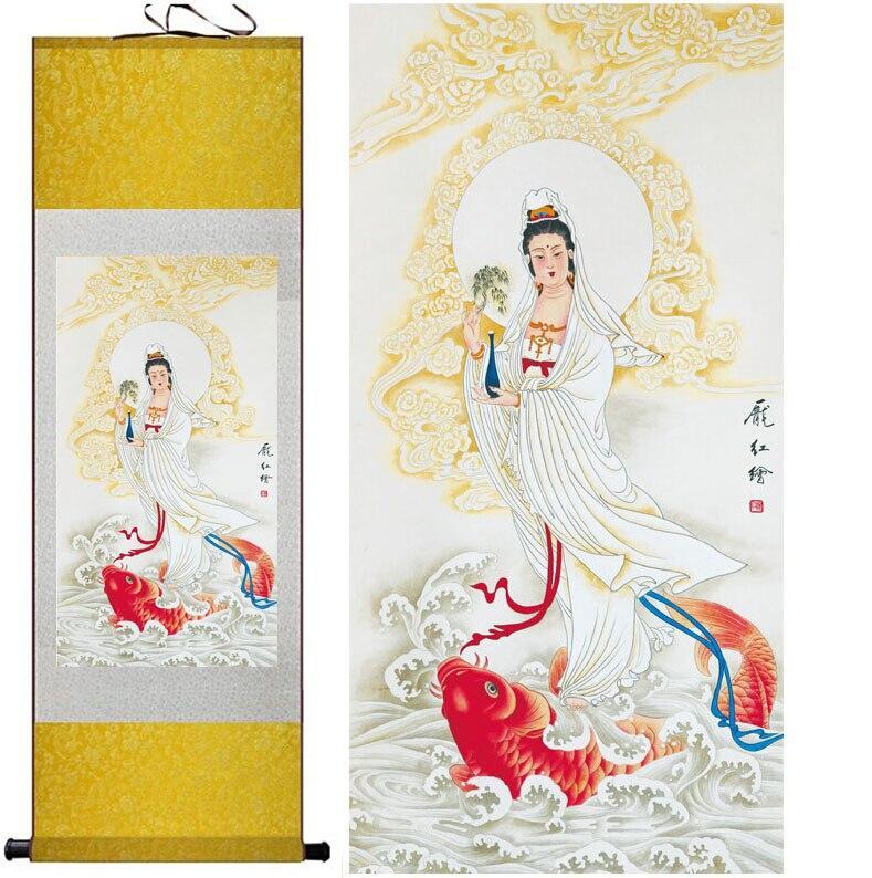 Chinese Art Scroll Painting Portrait Guanyin Ancient Silk Picture Wall Ideas 11526-Chinese Style Finds™