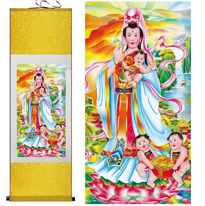 Chinese Art Scroll Painting Portrait Songzi Guanyin Ancient Silk Picture Wall Ideas 11522-Chinese Style Finds™