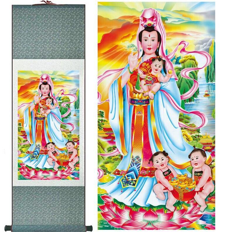 Chinese Art Scroll Painting Portrait Songzi Guanyin Ancient Silk Picture Wall Ideas 11522-Chinese Style Finds™