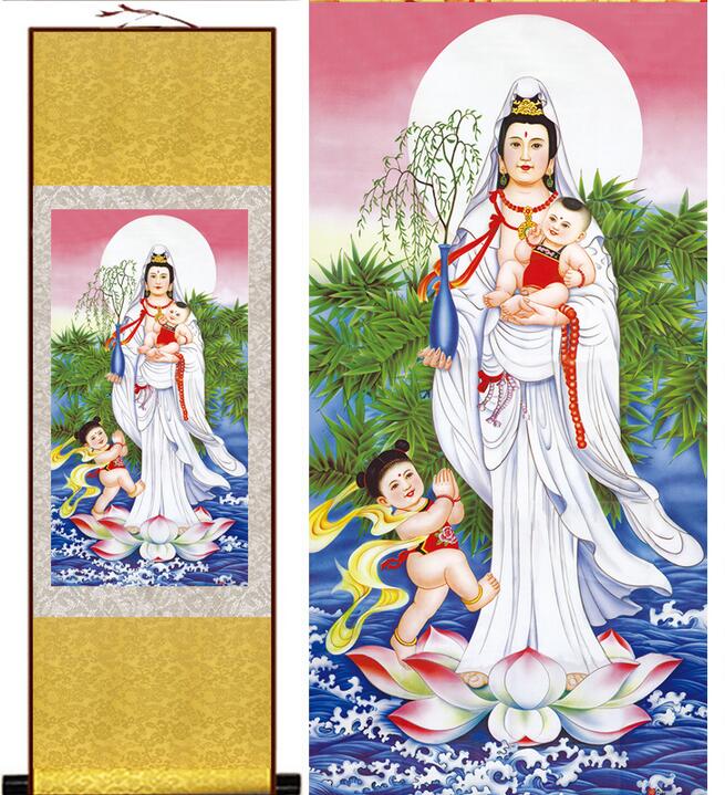 Chinese Art Scroll Painting Portrait Songzi Guanyin Ancient Silk Picture Wall Ideas 13522-Chinese Style Finds™