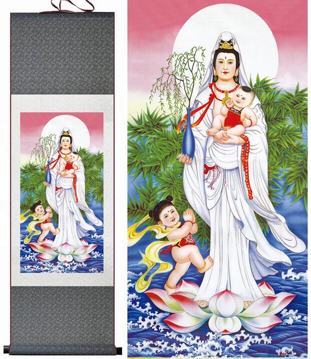 Chinese Art Scroll Painting Portrait Songzi Guanyin Ancient Silk Picture Wall Ideas 13522-Chinese Style Finds™