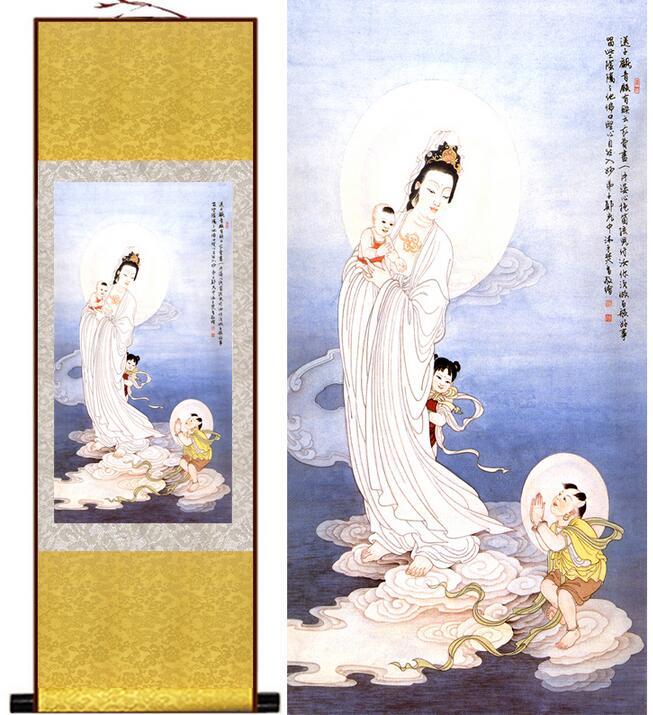 Chinese Art Scroll Painting Portrait Songzi Guanyin Ancient Silk Picture Wall Ideas 13682-Chinese Style Finds™