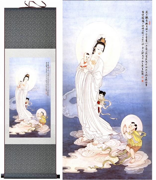 Chinese Art Scroll Painting Portrait Songzi Guanyin Ancient Silk Picture Wall Ideas 13682-Chinese Style Finds™