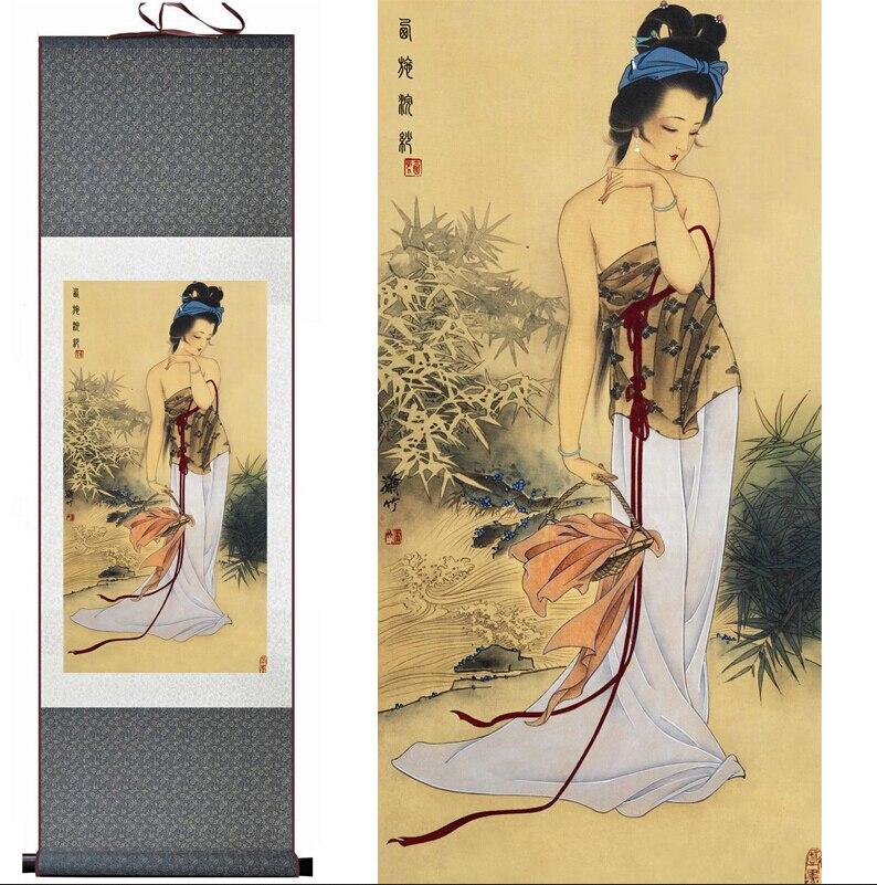 Chinese Art Scroll Painting Portrait Women Ancient Silk Picture Wall Ideas 10924-Chinese Style Finds™