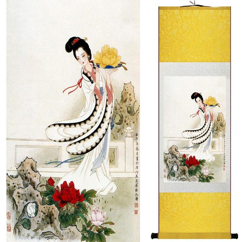 Chinese Art Scroll Painting Portrait Women Ancient Silk Picture Wall Ideas 15888-Chinese Style Finds™