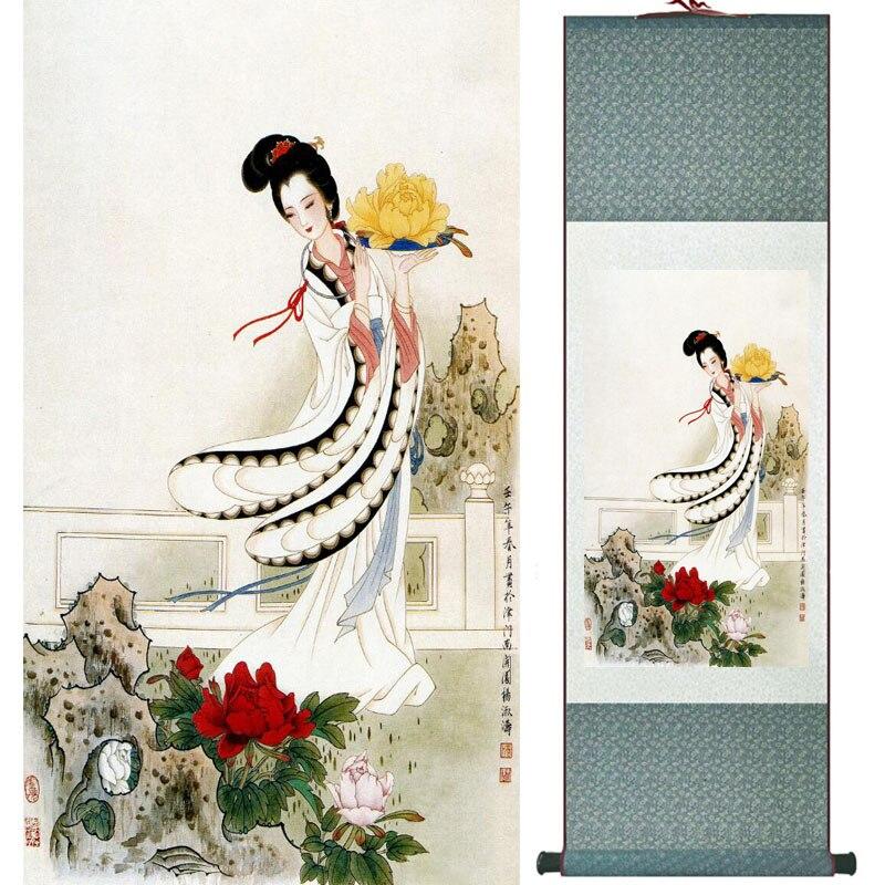 Chinese Art Scroll Painting Portrait Women Ancient Silk Picture Wall Ideas 15888-Chinese Style Finds™