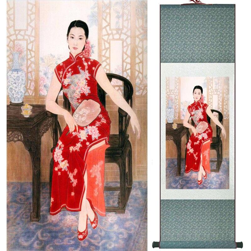 Chinese Art Scroll Painting Portrait Women Ancient Silk Picture Wall Ideas 15900-Chinese Style Finds™