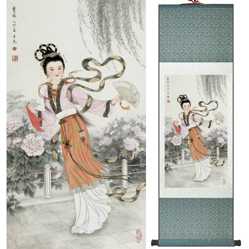 Chinese Art Scroll Painting Portrait Women Ancient Silk Picture Wall Ideas 16096-Chinese Style Finds™