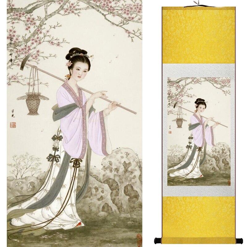 Chinese Art Scroll Painting Portrait Women Ancient Silk Picture Wall Ideas 16100-Chinese Style Finds™