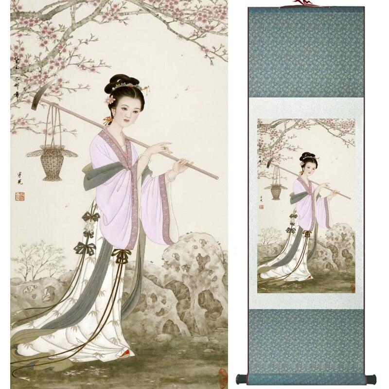 Chinese Art Scroll Painting Portrait Women Ancient Silk Picture Wall Ideas 16100-Chinese Style Finds™