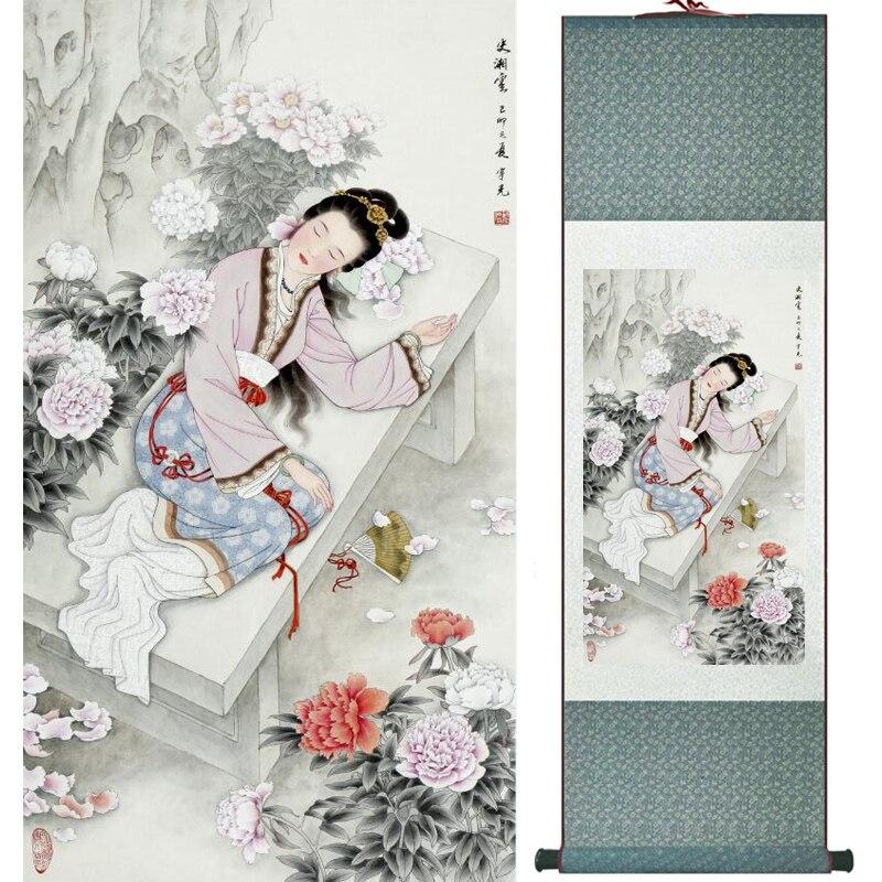 Chinese Art Scroll Painting Portrait Women Ancient Silk Picture Wall Ideas 16108-Chinese Style Finds™