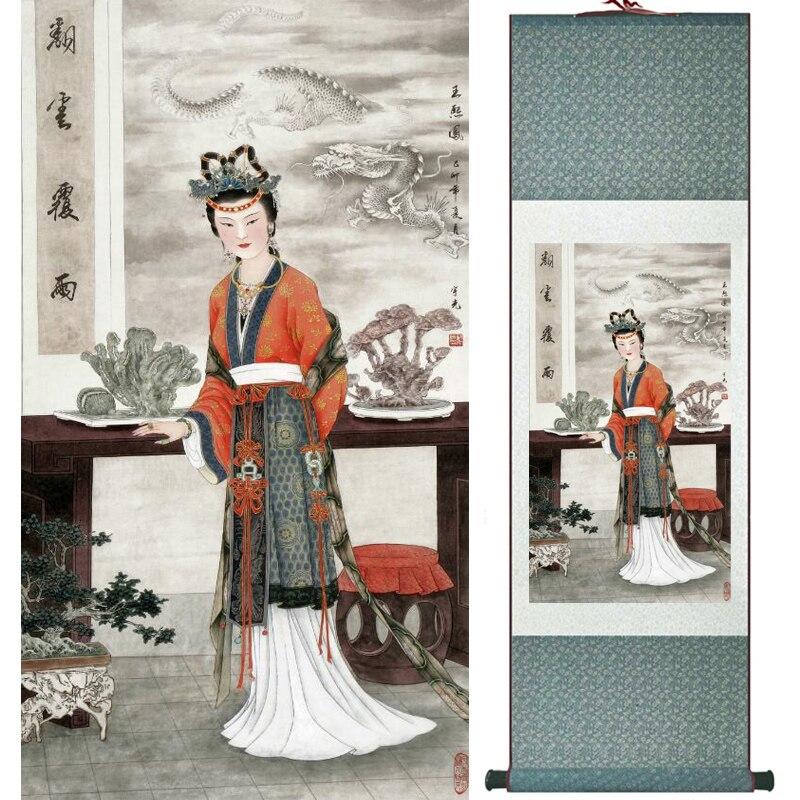 Chinese Art Scroll Painting Portrait Women Ancient Silk Picture Wall Ideas 16112-Chinese Style Finds™