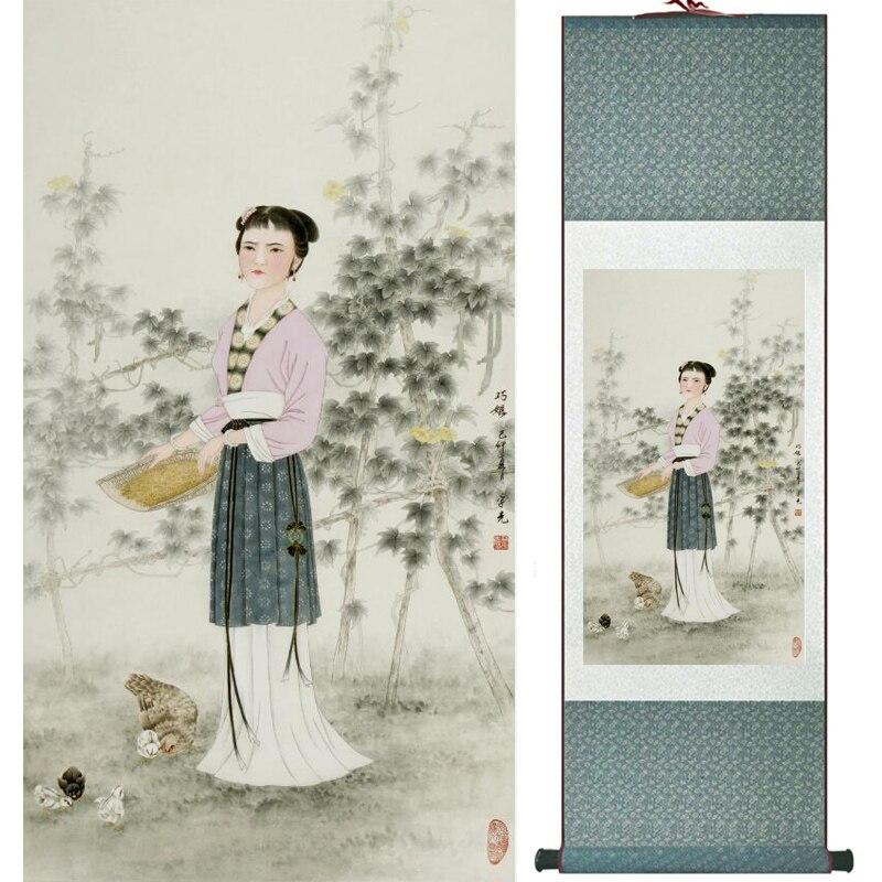 Chinese Art Scroll Painting Portrait Women Ancient Silk Picture Wall Ideas 16116-Chinese Style Finds™