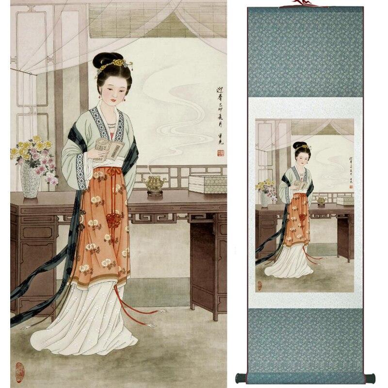 Chinese Art Scroll Painting Portrait Women Ancient Silk Picture Wall Ideas 16124-Chinese Style Finds™