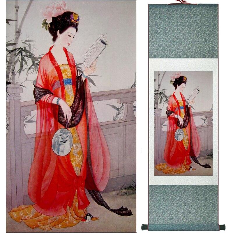 Chinese Art Scroll Painting Portrait Women Ancient Silk Picture Wall Ideas 16468-Chinese Style Finds™