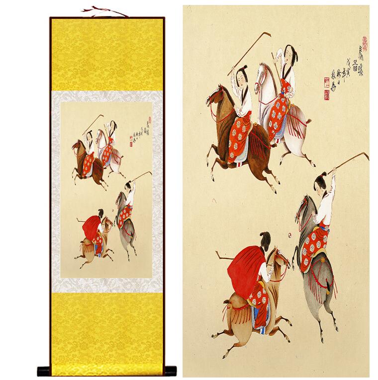 Chinese Art Scroll Painting Portrait Women Playing Ball Ancient Silk Picture Wall Ideas 13346-Chinese Style Finds™