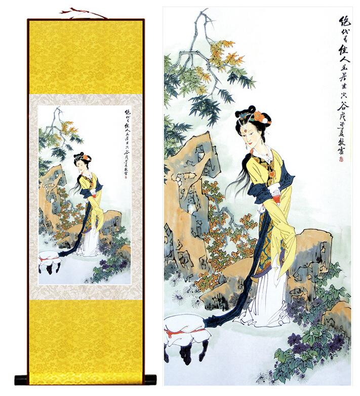 Chinese Art Scroll Painting Portrait Women Pretty Girl Ancient Silk Picture Wall Ideas 13342-Chinese Style Finds™