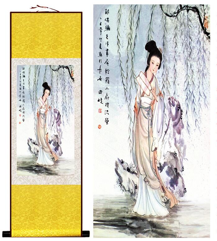 Chinese Art Scroll Painting Portrait Women Pretty Girl Ancient Silk Picture Wall Ideas 13350-Chinese Style Finds™