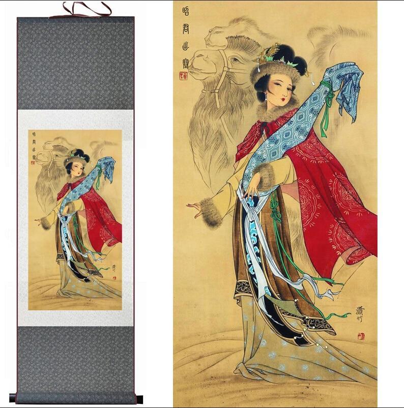 Chinese Art Scroll Painting Portrait Women Zhao Jun Chu Sai Ancient Silk Picture Wall Ideas 10928-Chinese Style Finds™