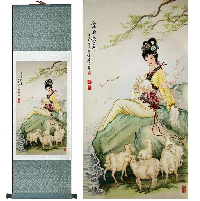 Chinese Art Scroll Painting Pretty Figure Girl Beside River Ancient Silk Picture Wall Ideas 11190-Chinese Style Finds™