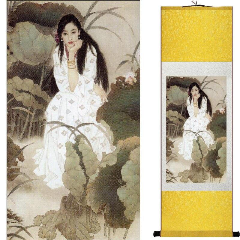 Chinese Art Scroll Painting Pretty Girl Ancient Silk Picture Wall Ideas 10328-Chinese Style Finds™