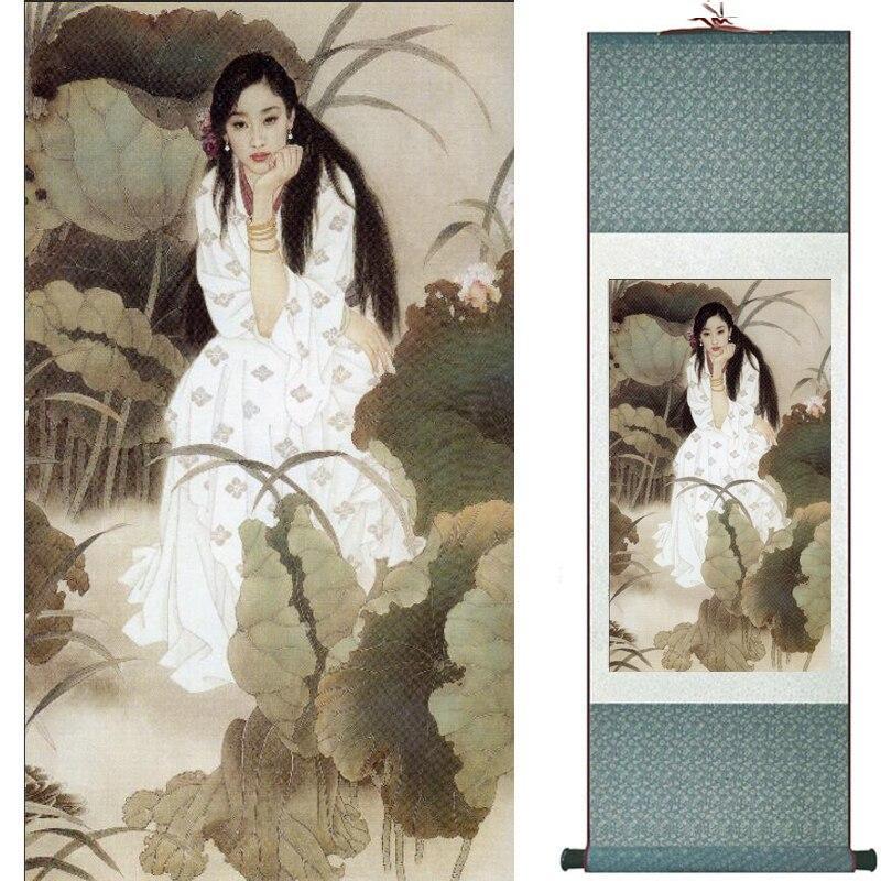 Chinese Art Scroll Painting Pretty Girl Ancient Silk Picture Wall Ideas 10328-Chinese Style Finds™