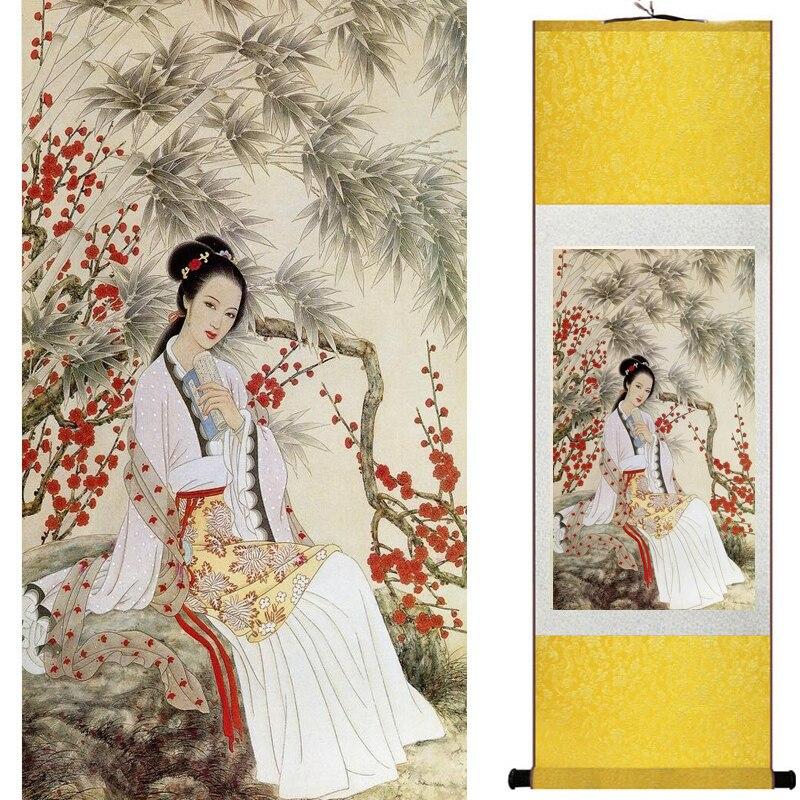 Chinese Art Scroll Painting Pretty Girl Ancient Silk Picture Wall Ideas 20194-Chinese Style Finds™