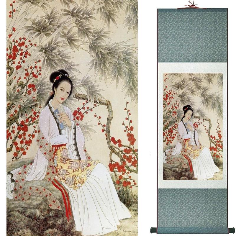 Chinese Art Scroll Painting Pretty Girl Ancient Silk Picture Wall Ideas 20194-Chinese Style Finds™