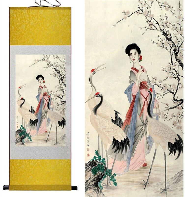 Chinese Art Scroll Painting Pretty Girl And Crane Beautiful Woman Ancient Silk Picture Wall Ideas 12454-Chinese Style Finds™