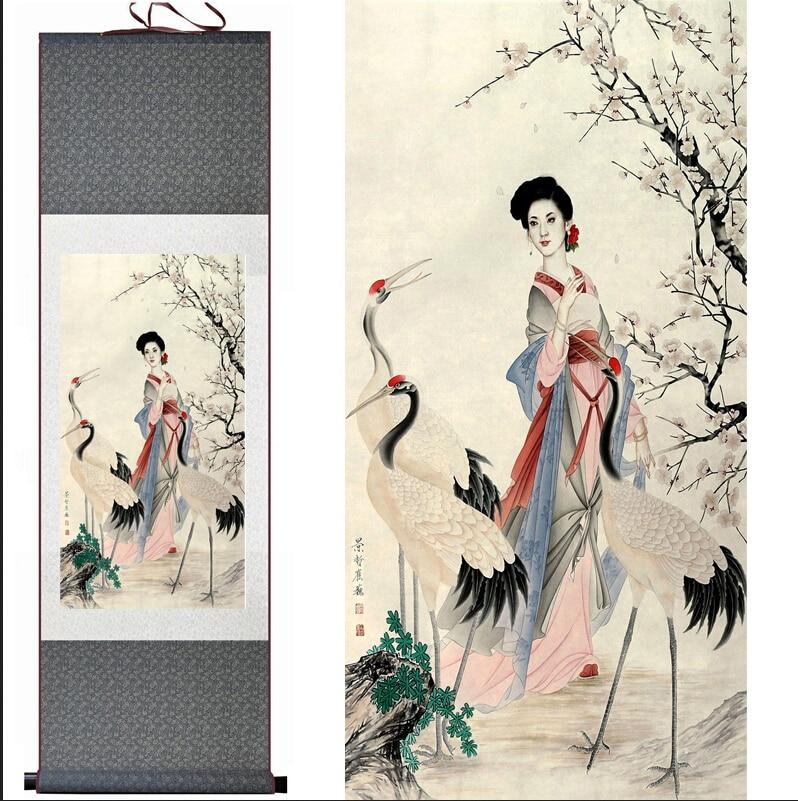 Chinese Art Scroll Painting Pretty Girl And Crane Beautiful Woman Ancient Silk Picture Wall Ideas 12454-Chinese Style Finds™