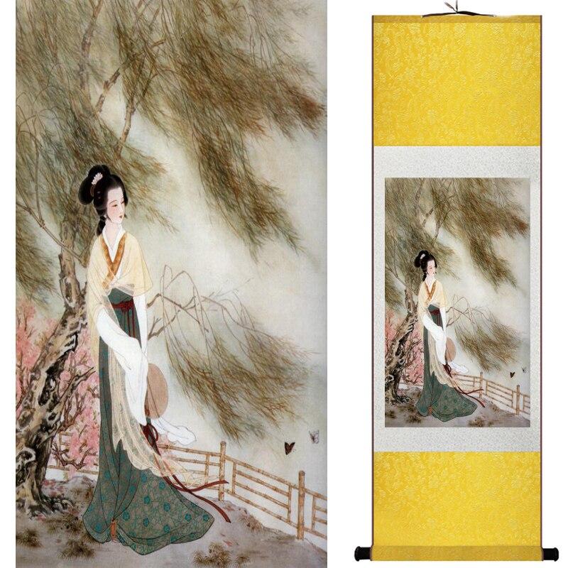 Chinese Art Scroll Painting Pretty Girl And Crane Woman Ancient Silk Picture Wall Ideas 15676-Chinese Style Finds™