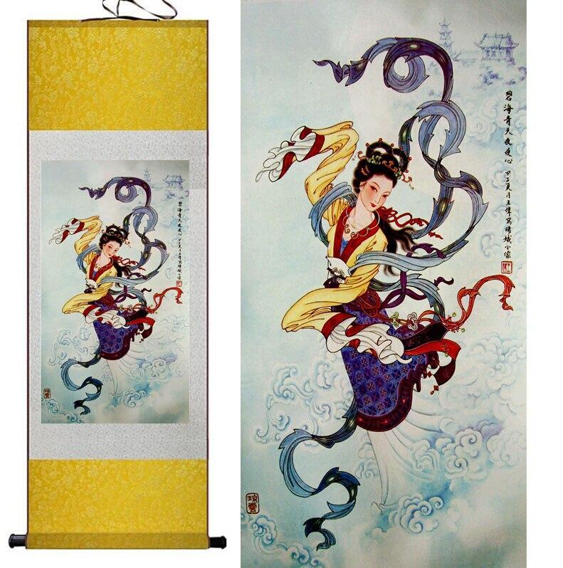 Chinese Art Scroll Painting Pretty Girl Beautiful Woman Ancient Silk Picture Wall Ideas 12410-Chinese Style Finds™