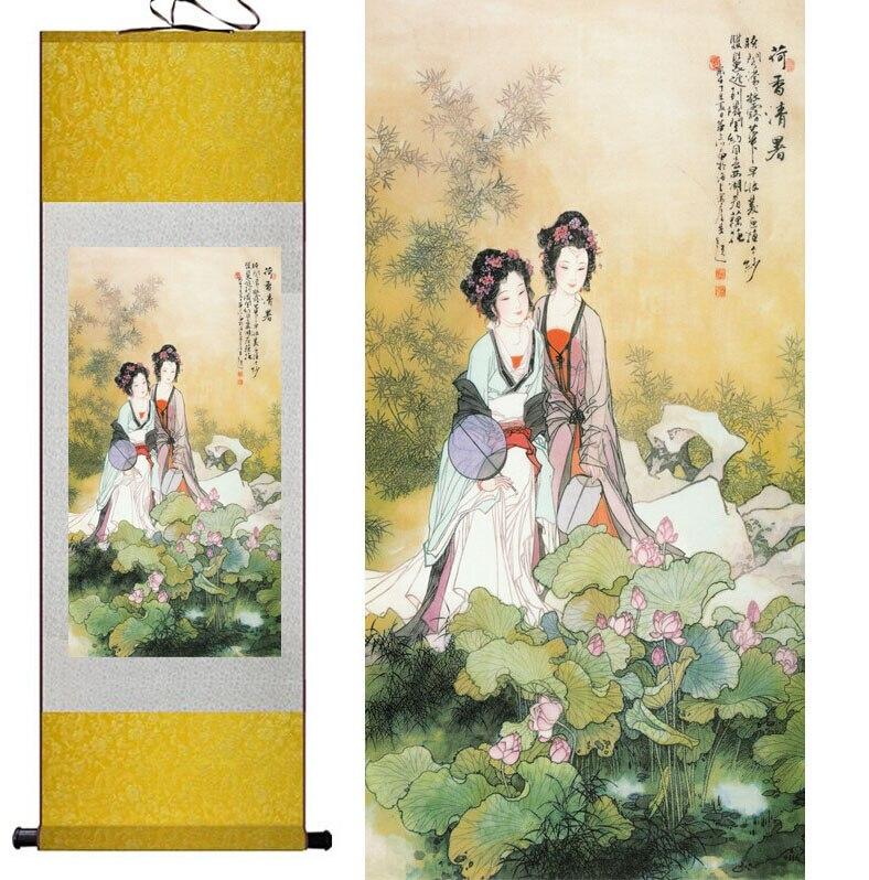 Chinese Art Scroll Painting Pretty Girl Beautiful Woman Ancient Silk Picture Wall Ideas 12422-Chinese Style Finds™