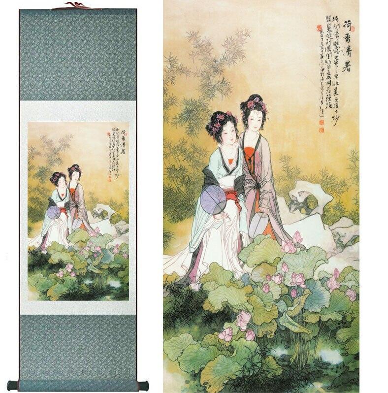 Chinese Art Scroll Painting Pretty Girl Beautiful Woman Ancient Silk Picture Wall Ideas 12422-Chinese Style Finds™