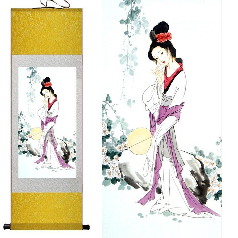 Chinese Art Scroll Painting Pretty Girl Beautiful Woman Ancient Silk Picture Wall Ideas 12458-Chinese Style Finds™