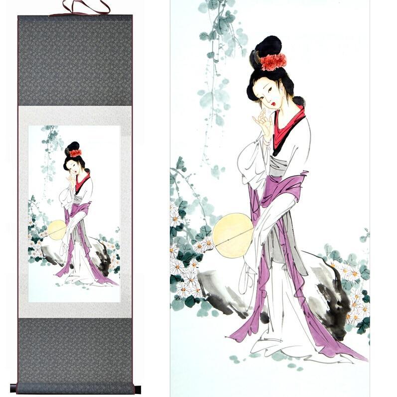 Chinese Art Scroll Painting Pretty Girl Beautiful Woman Ancient Silk Picture Wall Ideas 12462-Chinese Style Finds™