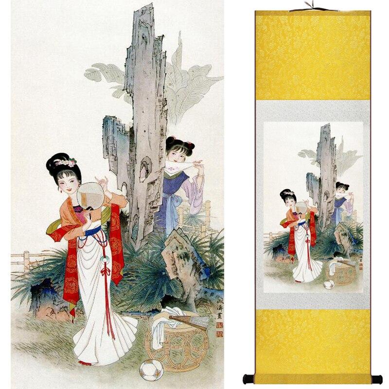 Chinese Art Scroll Painting Pretty Girl Beautiful Woman Ancient Silk Picture Wall Ideas 15700-Chinese Style Finds™