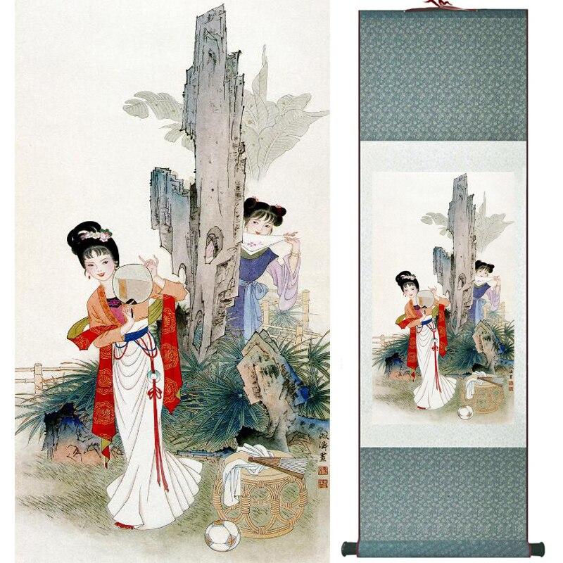 Chinese Art Scroll Painting Pretty Girl Beautiful Woman Ancient Silk Picture Wall Ideas 15700-Chinese Style Finds™