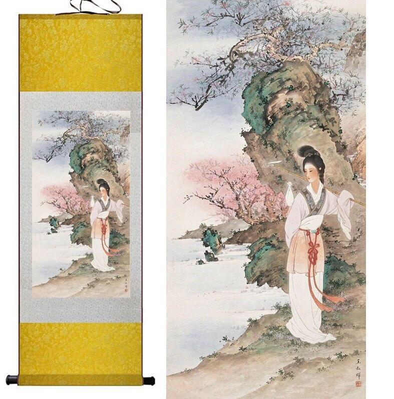 Chinese Art Scroll Painting Pretty Girl Beautiful Woman Daiyu Zang Hua Ancient Silk Picture Wall Ideas 12414-Chinese Style Finds™