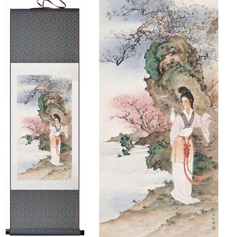 Chinese Art Scroll Painting Pretty Girl Beautiful Woman Daiyu Zang Hua Ancient Silk Picture Wall Ideas 12414-Chinese Style Finds™