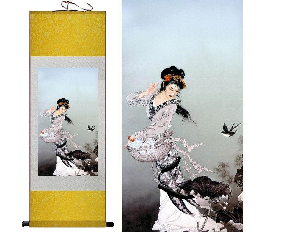 Chinese Art Scroll Painting Pretty Girl Beautiful Women Ancient Silk Picture Wall Ideas 12474-Chinese Style Finds™