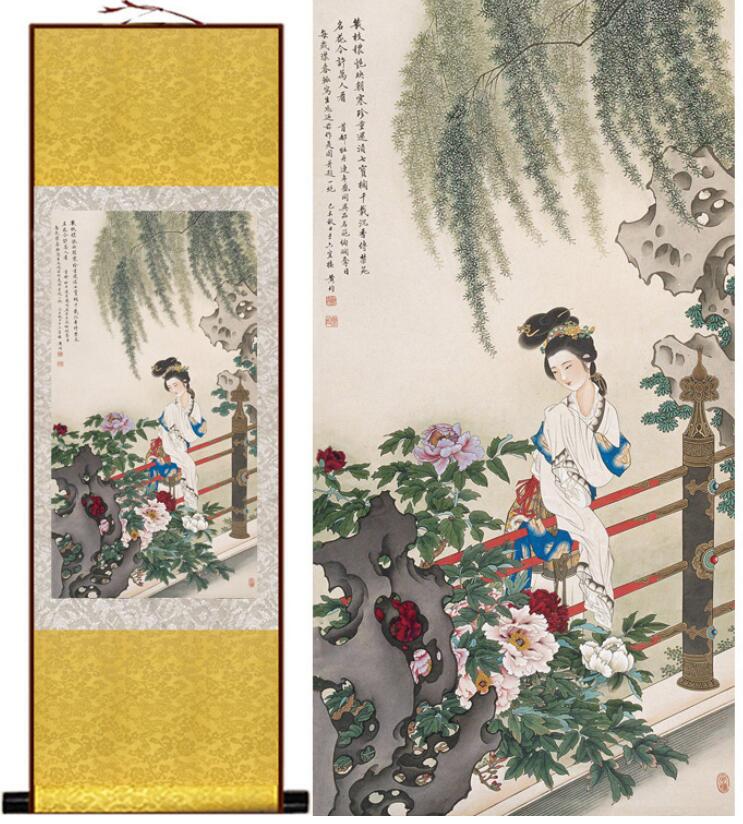 Chinese Art Scroll Painting Pretty Girl Beautiful Women Ancient Silk Picture Wall Ideas 12826-Chinese Style Finds™