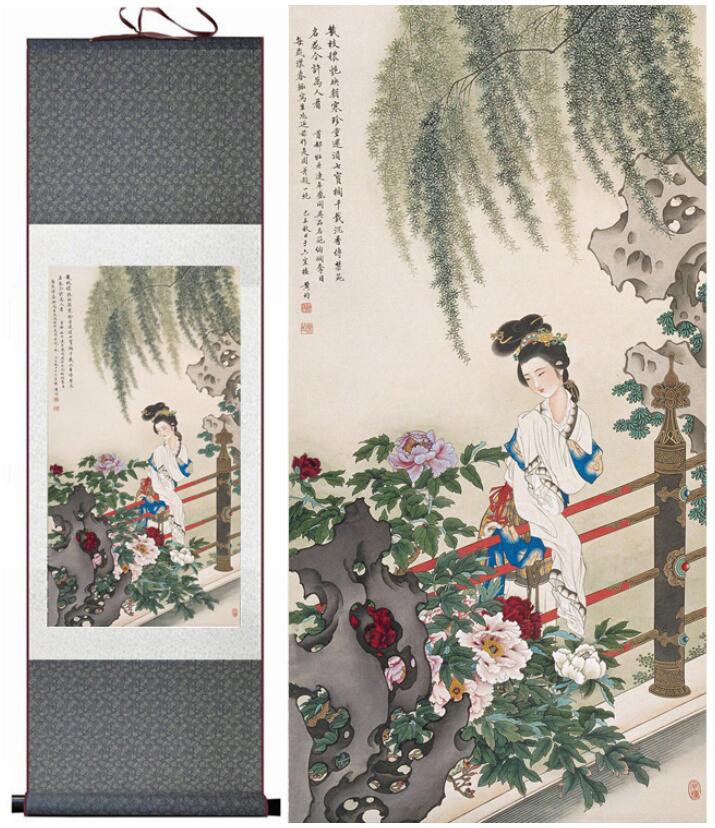 Chinese Art Scroll Painting Pretty Girl Beautiful Women Ancient Silk Picture Wall Ideas 12826-Chinese Style Finds™