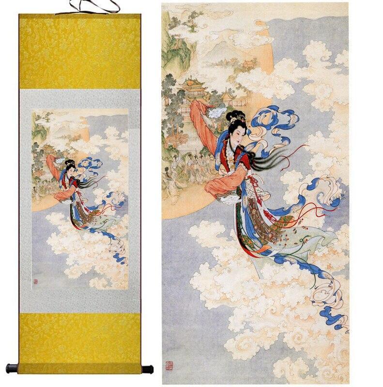 Chinese Art Scroll Painting Pretty Girl Chang E Flying Toward Moon Ancient Silk Picture Wall Ideas 12426-Chinese Style Finds™